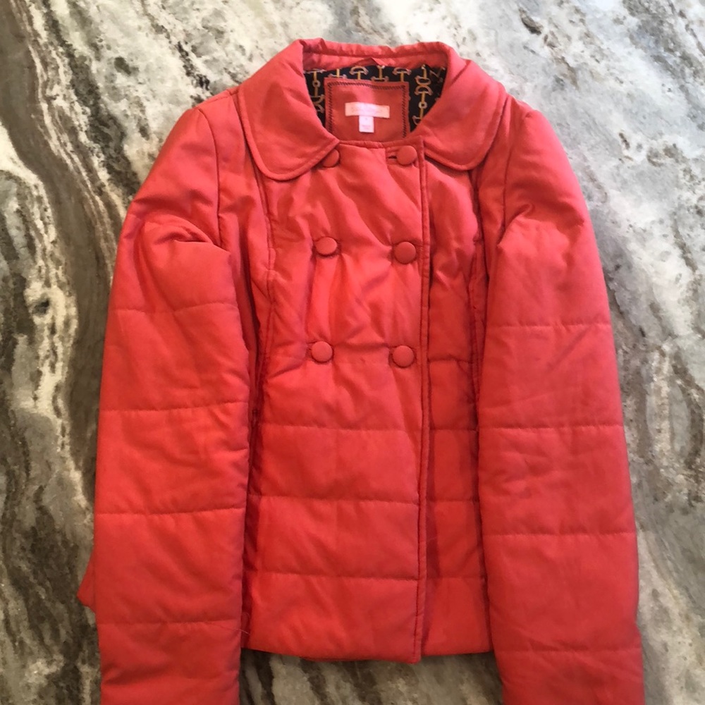 Lilly Pulitzer coral puffer coat, 4
